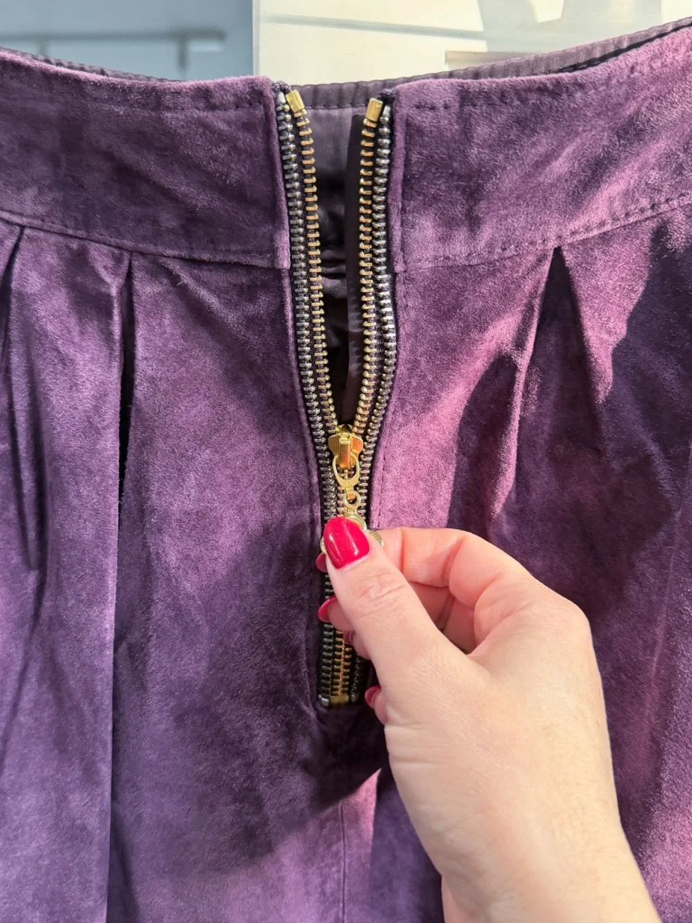 Pink Tartan Eggplant Purple Suede Leather Pleated A-Line Skirt - Sz 2
